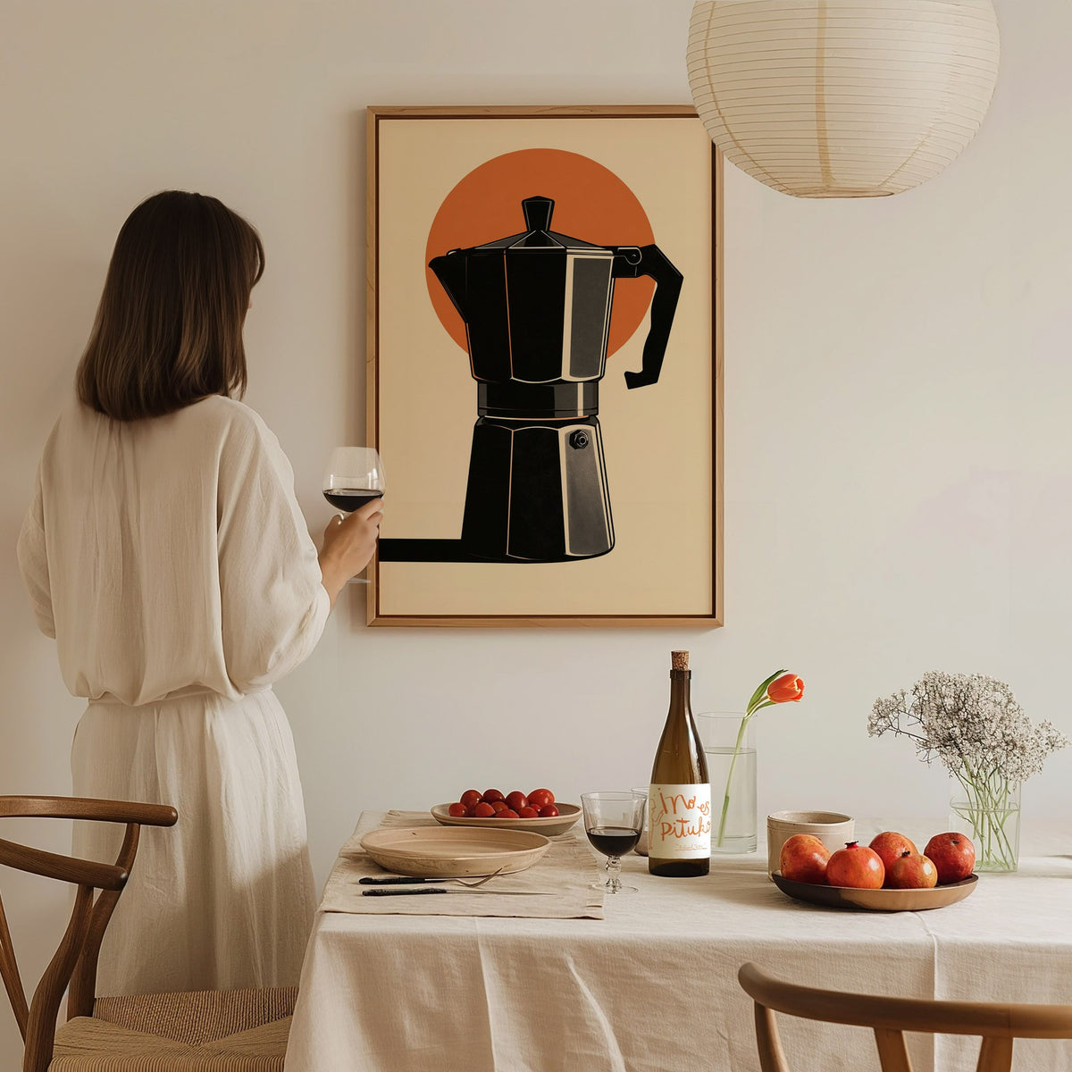 Espresso Machine Icon Poster | Burnt Orange Minimalism Art Print | Kitchen Wall Art — styled in an interior