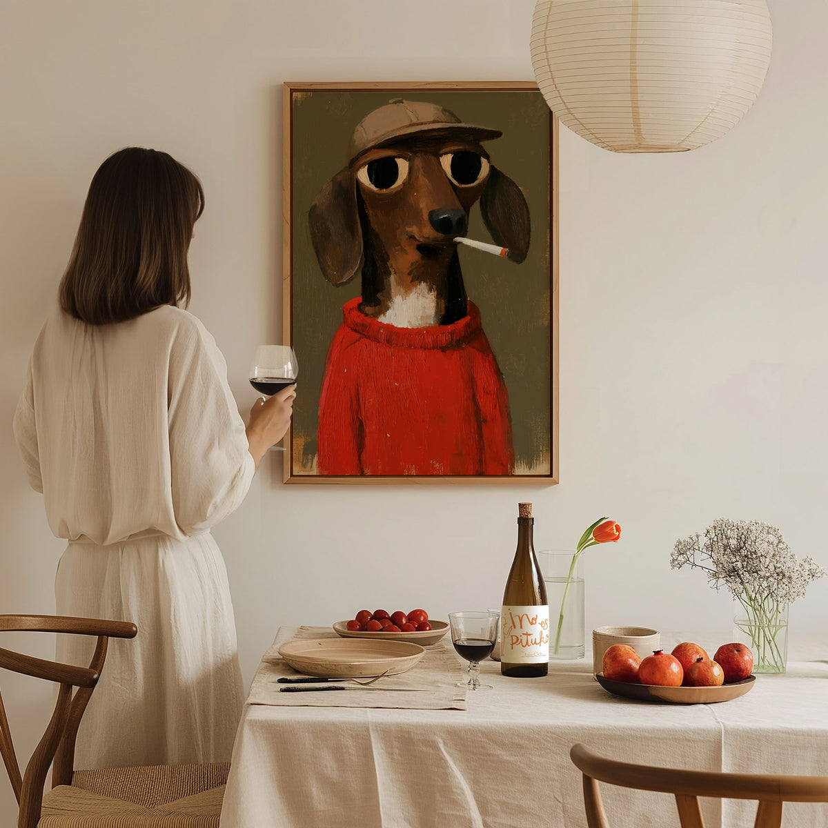 Dachshund In Red Poster | Red and Olive Oil Painting Art Print | Folk Art Wall Art — styled in an interior
