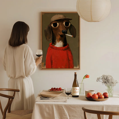 Dachshund In Red Poster | Red and Olive Oil Painting Art Print | Folk Art Wall Art — styled in an interior