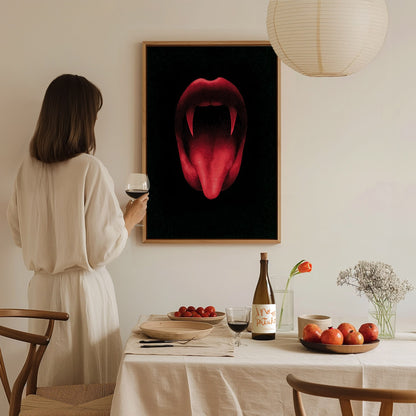 Vampire Smile Poster | Red and Black Pen and Ink Art Print | Goth Wall Art — styled in an interior