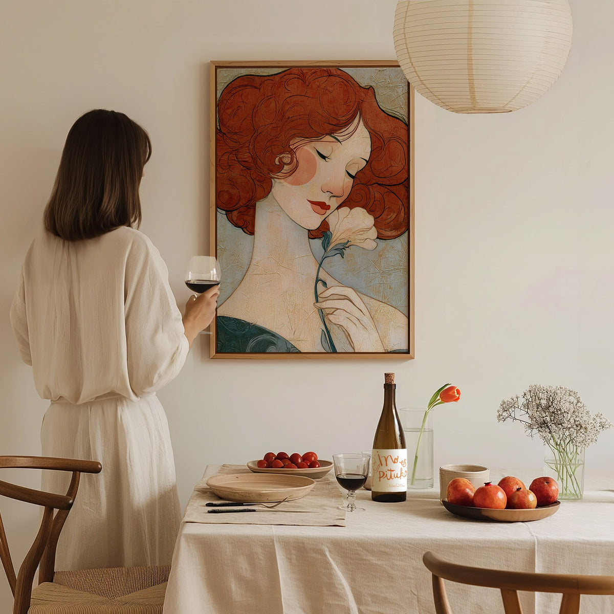 Woman Holds Flower Poster | Coral and Cream Illustrative Art Print | Art Deco Wall Art — styled in an interior