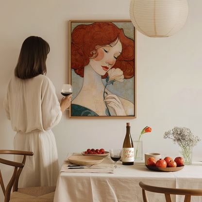 Woman Holds Flower Poster | Coral and Cream Illustrative Art Print | Art Deco Wall Art — styled in an interior