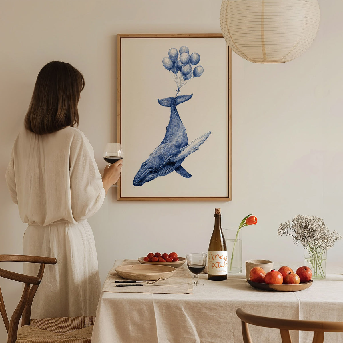 Whale Lifted Away Poster | Black and White Pen and Ink Art Print | Dark Fantasy Wall Art — styled in an interior
