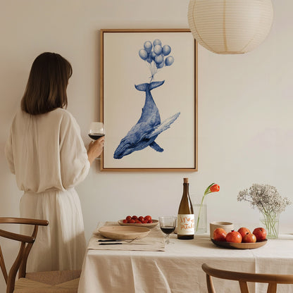 Whale Lifted Away Poster | Black and White Pen and Ink Art Print | Dark Fantasy Wall Art — styled in an interior