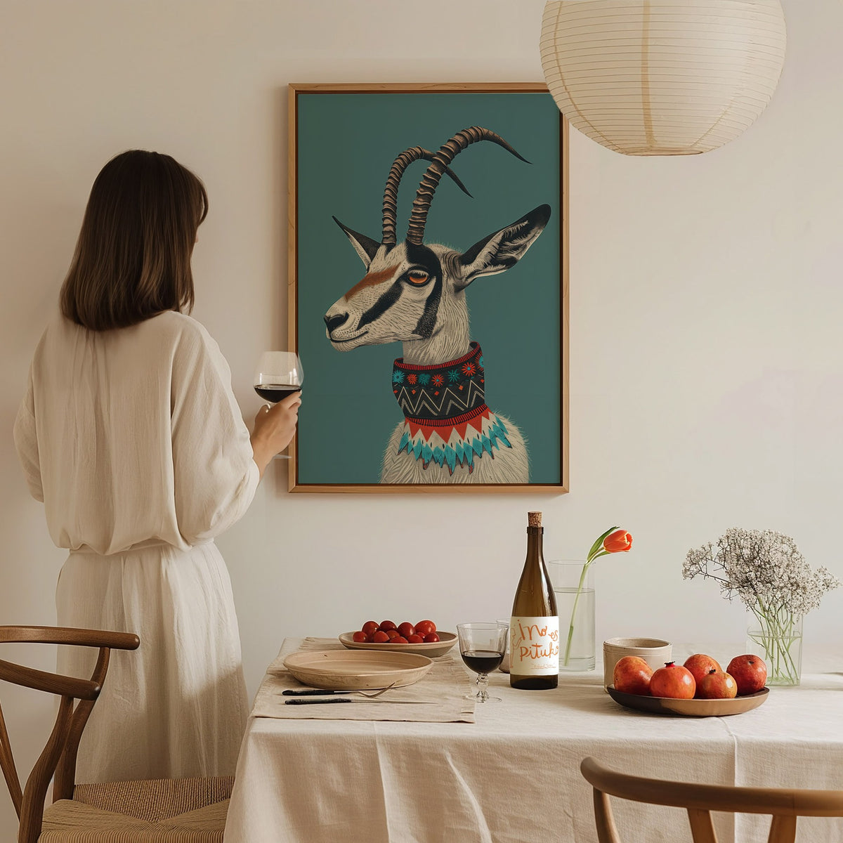 Gazelle Wears Collar Poster | Teal and Gray Illustrative Art Print | Modern Minimalist Wall Art — styled in an interior