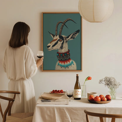 Gazelle Wears Collar Poster | Teal and Gray Illustrative Art Print | Modern Minimalist Wall Art — styled in an interior