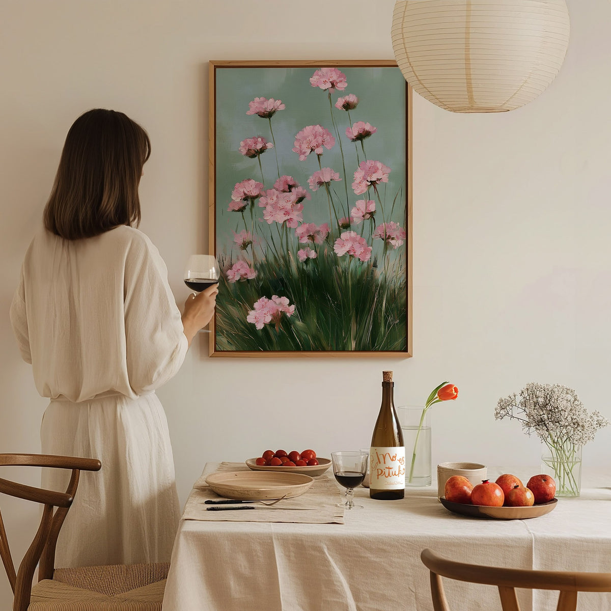 Thrift Blooms Sage Poster | Pink and Sage Oil Painting Art Print | Cottagecore Wall Art — styled in an interior