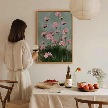 Thrift Blooms Sage Poster | Pink and Sage Oil Painting Art Print | Cottagecore Wall Art — styled in an interior