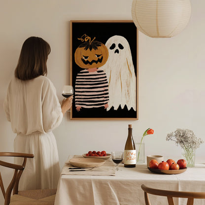 Pumpkin and Ghost Poster | Pink and Orange Illustrative Art Print | Kids Room Wall Art — styled in an interior