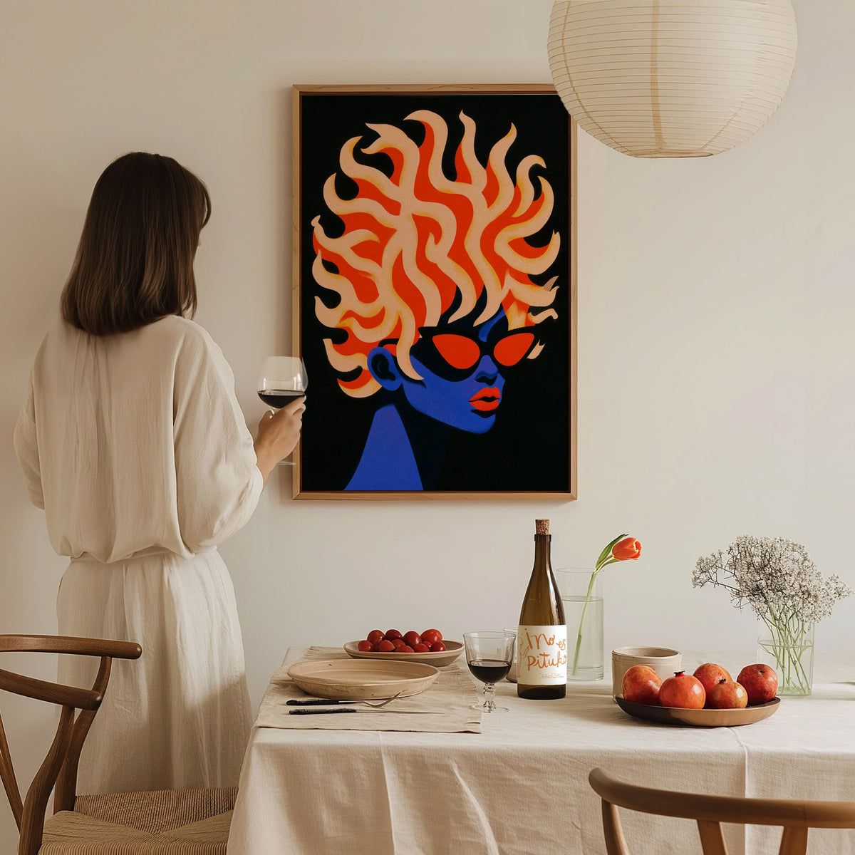 Modern Medusa Poster | Blue and Orange Illustrative Art Print — styled in an interior