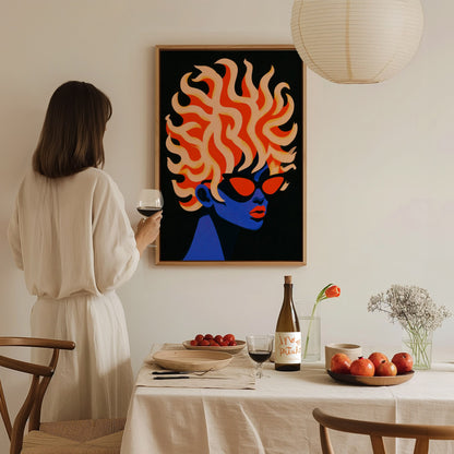 Modern Medusa Poster | Blue and Orange Illustrative Art Print — styled in an interior