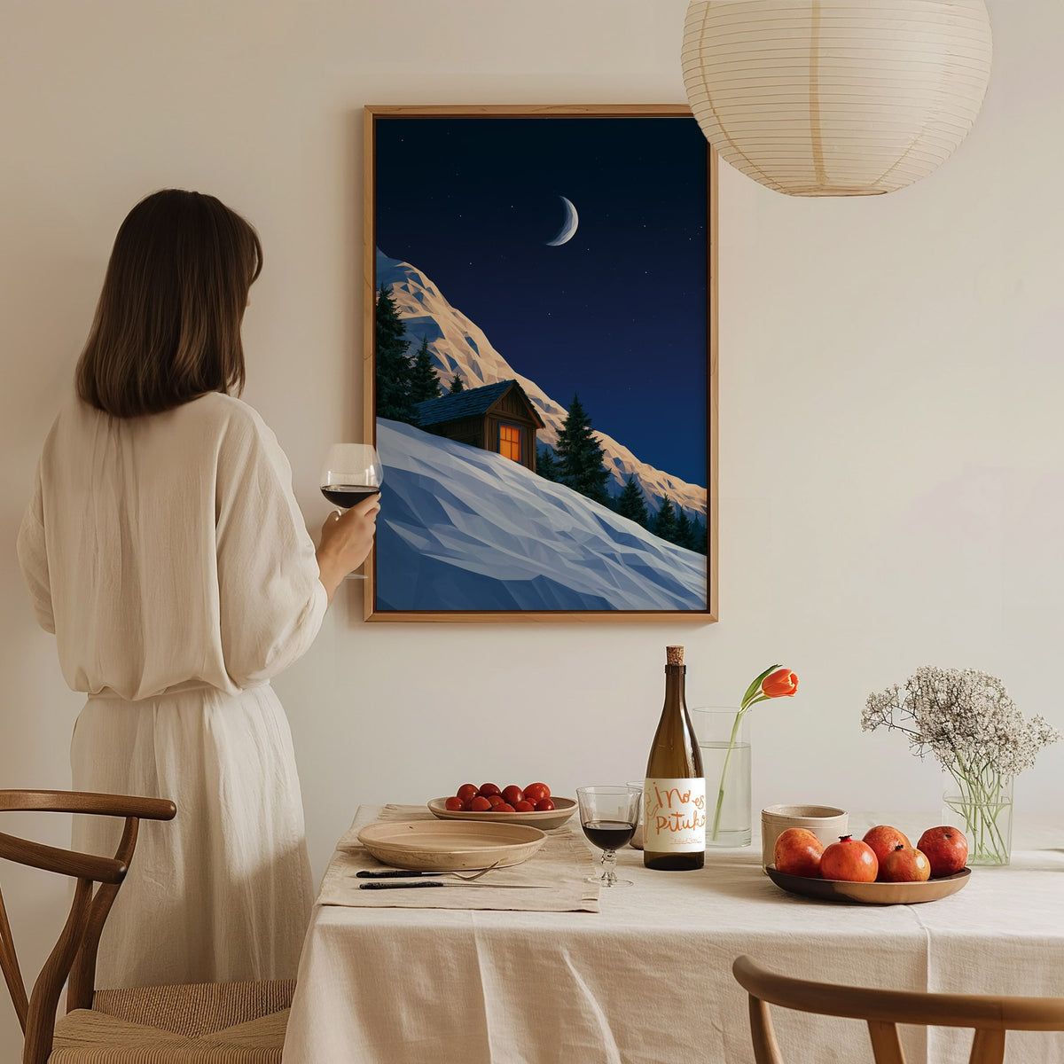Mountain Cabin Waits Poster | Cobalt and Orange Low Poly Art Print | Mountain Modern Wall Art — styled in an interior