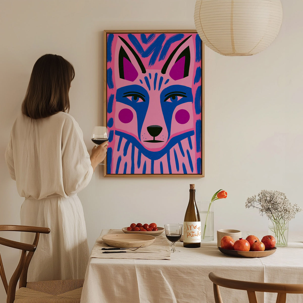 Fox Faces Forward Poster | Pink and Blue Illustrative Art Print | Kids Room Wall Art — styled in an interior