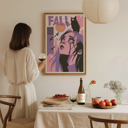 Girl Meets Fall Poster | Pink Purple Lime Illustrative Art Print | Surreal Pop Wall Art — styled in an interior