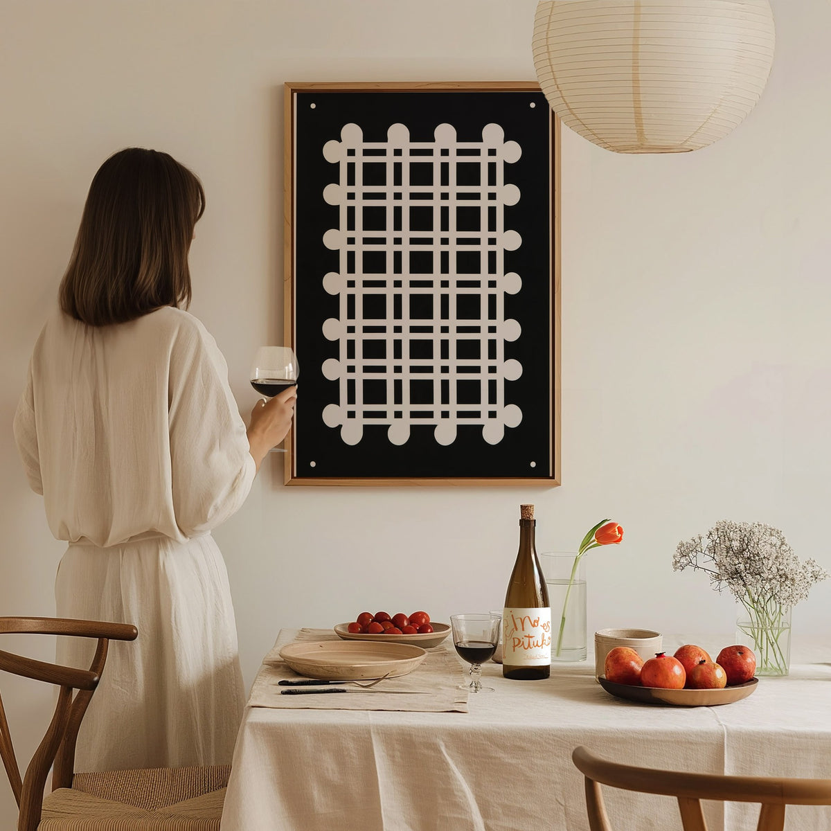woven-grid Poster | Black and White Minimalism Art Print | Minimalist Wall Art — styled in an interior