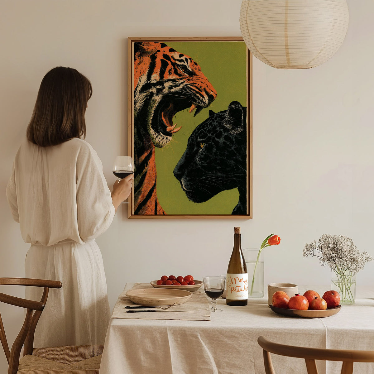 Tiger Taunts Panther Poster | Chartreuse and Black Screen Print Art Print | Graphic Design Wall Art — styled in an interior