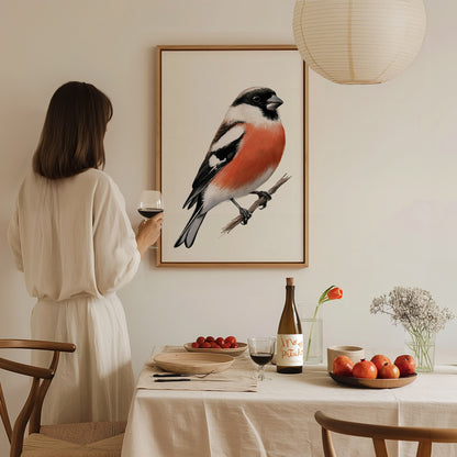 Bullfinch Owns Branch Poster | Orange and Black Watercolor Art Print | Naturalist Wall Art — styled in an interior