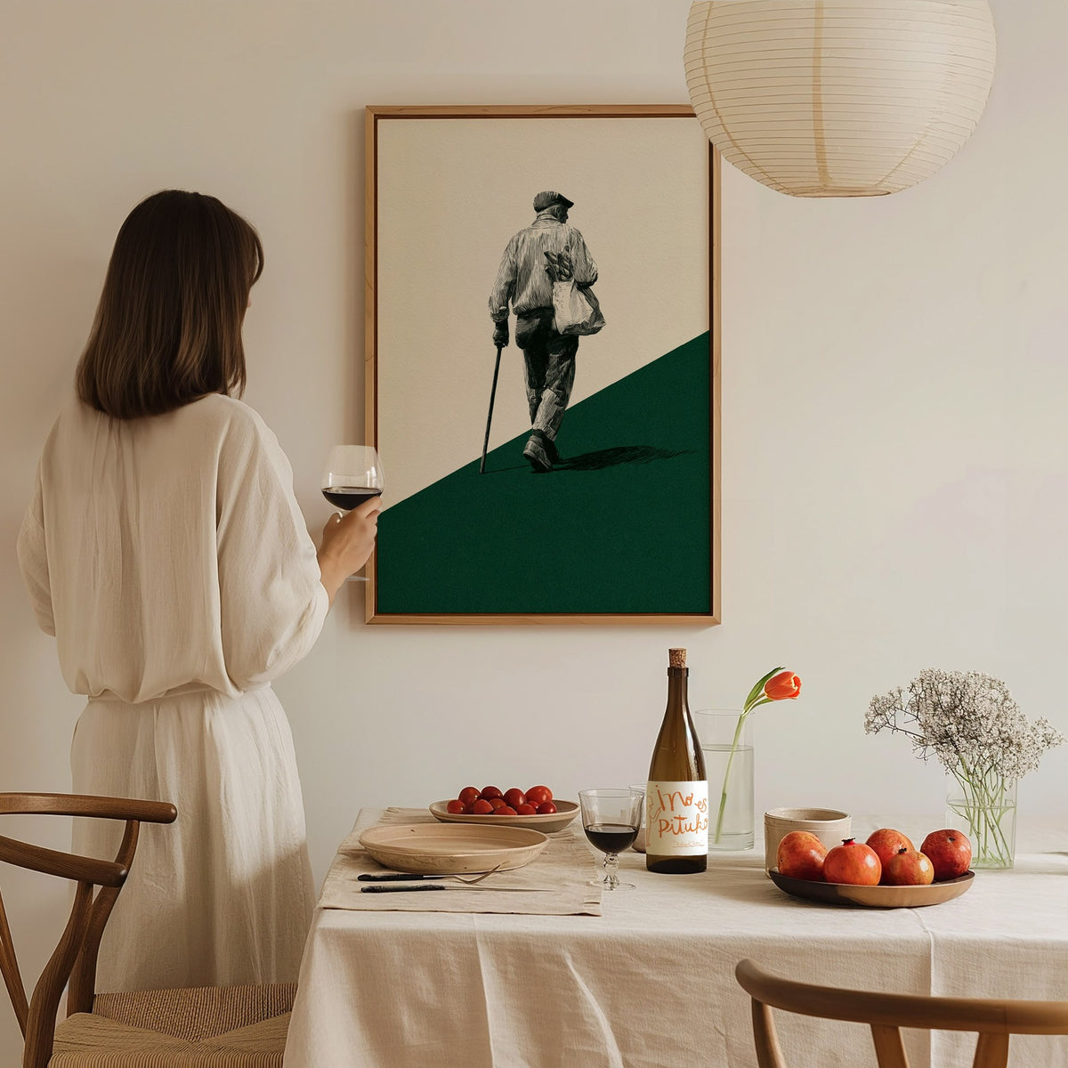 Walking with Bread Poster | Cream and Forest Pen and Ink Art Print | Minimalist Wall Art — styled in an interior