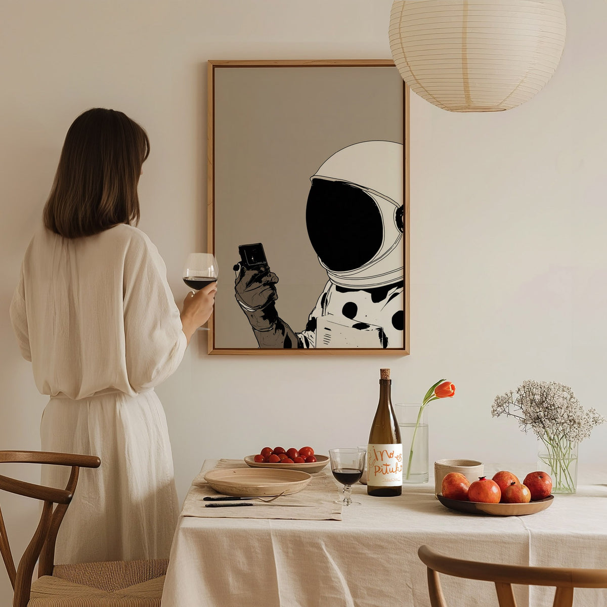 Astronaut Claims Shade Poster | Cream and Brown Illustrative Art Print | Fashion Forward Wall Art — styled in an interior