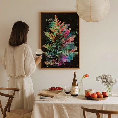 Glitch Fern Poster | Cyan and Magenta Abstract Art Print | Digital Art Wall Art — styled in an interior