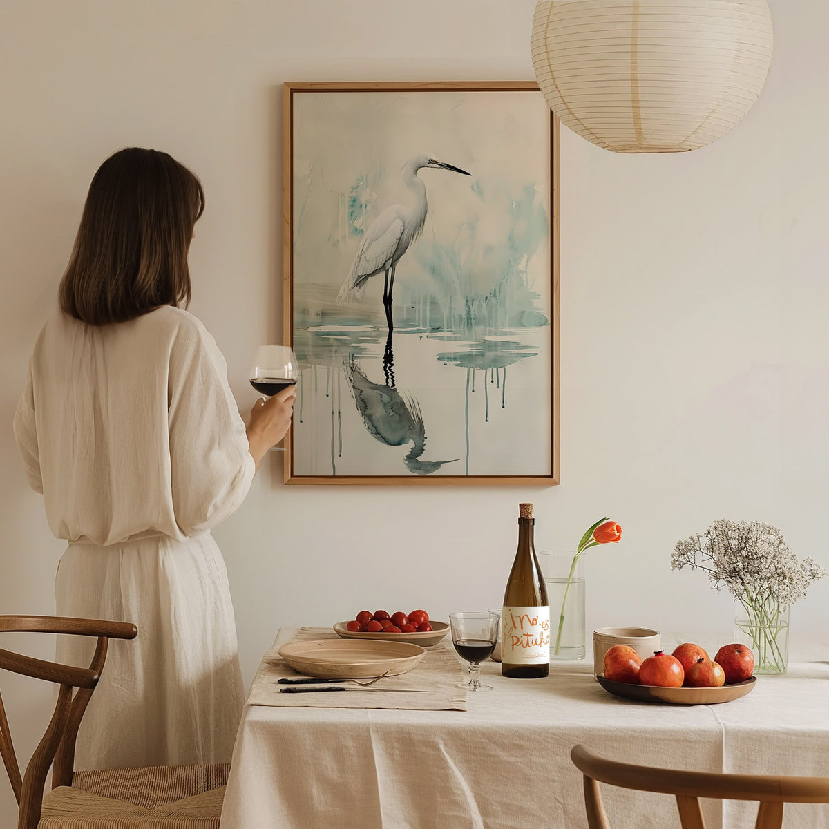 Wading Bird Poster | Sage and Cream Japanese Watercolor Art Print | Minimalist Wall Art — styled in an interior