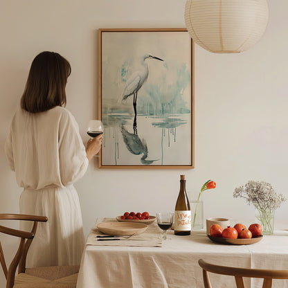Wading Bird Poster | Sage and Cream Japanese Watercolor Art Print | Minimalist Wall Art — styled in an interior