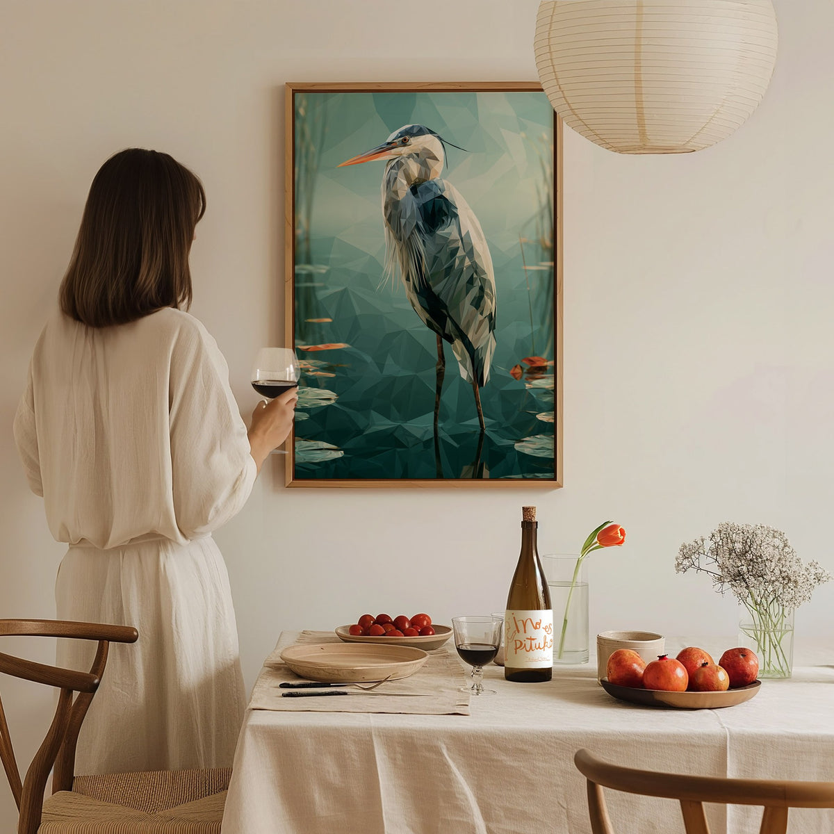 Heron Guards Shallows Poster | Teal and Slate Low Poly Art Print | Modern Minimal Wall Art — styled in an interior
