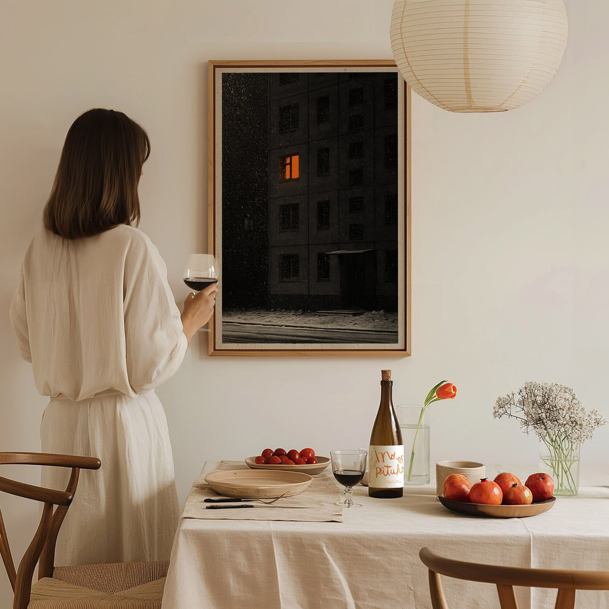 One Light Waits Poster | Black and Amber Pen and Ink Art Print | Dark Academia Wall Art — styled in an interior
