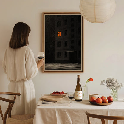 One Light Waits Poster | Black and Amber Pen and Ink Art Print | Dark Academia Wall Art — styled in an interior