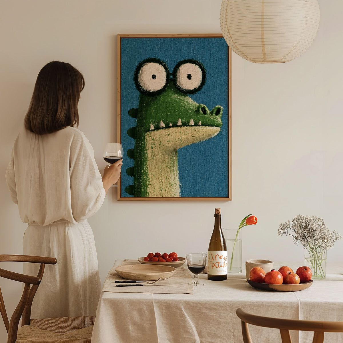 Wide-eyed Crocodile Poster | Green and Cobalt Illustrative Art Print | Kids Room Wall Art — styled in an interior