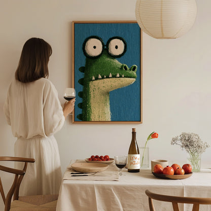 Wide-eyed Crocodile Poster | Green and Cobalt Illustrative Art Print | Kids Room Wall Art — styled in an interior