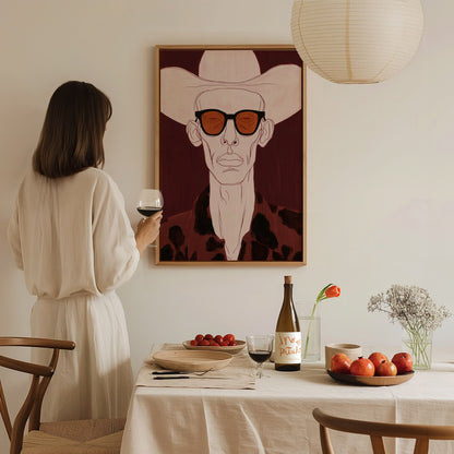 Cowboy Behind Shades Poster | Burgundy Red Illustrative Art Print | Western Gothic Wall Art — styled in an interior
