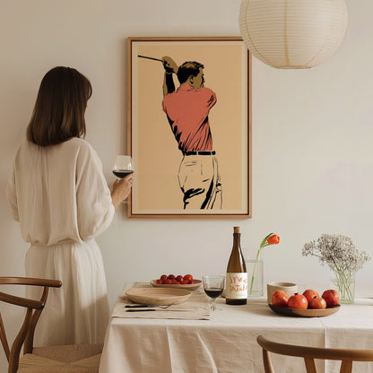 Golfer in Follow Through Poster | Pink and Cream Illustrative Art Print | Golf Wall Art — styled in an interior
